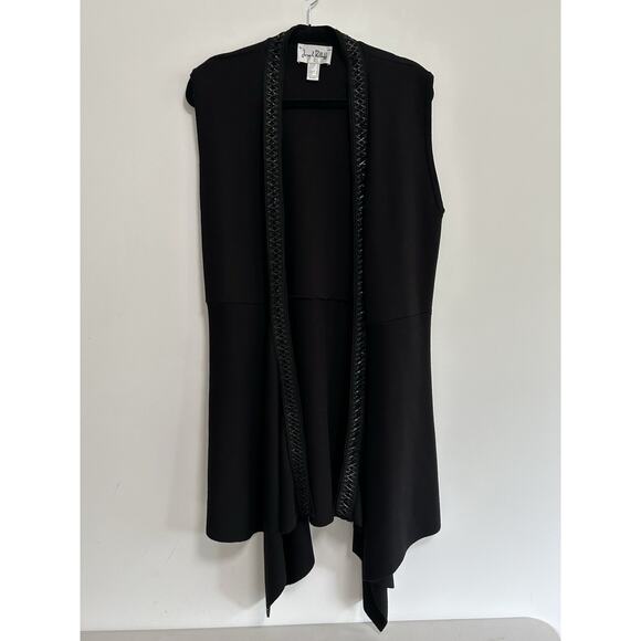 Joseph Ribkoff Vest Sweater Cardigan Leather Trim Witchy Goth Cascade Black 14 - Picture 1 of 9